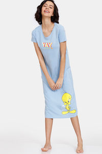 Buy Zivame Looney Tunes Knit Cotton Mid length Nightdress - Blue Bell