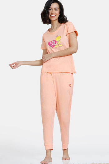 Buy Zivame Tweety Knit Cotton Pyjama Set - Salmon