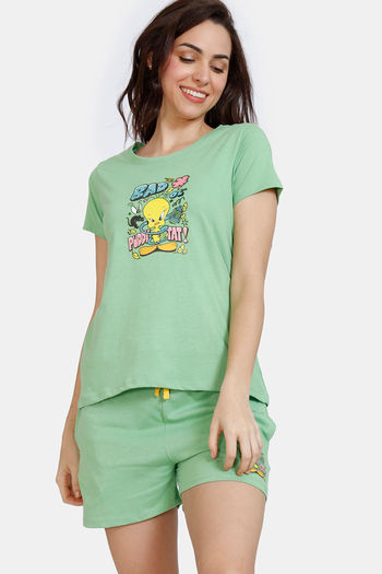 Buy Zivame Looney Tunes Knit Cotton Shorts Set - Green Tea