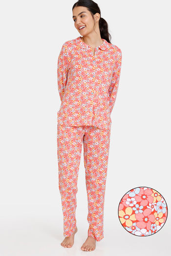 Buy Zivame Retro Flowers Knit Cotton Pyjama Set - Cherry Tomato