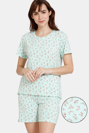 Buy Zivame Wildflower Fields Knit Cotton Shorts Set Bay at Rs.673 online Nightwear online