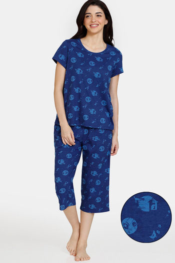Buy Zivame Trendy Basics Knit Cotton Capri Set - Medieval Blue