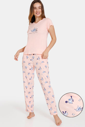 Buy Zivame Chasing Tails Knit Cotton Pyjama Set - Seashell Pink
