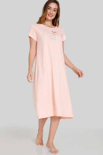Buy Zivame Chasing Tails Knit Cotton Mid Length Nightdress - Seashell Pink