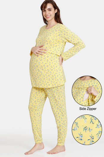 Buy Zivame Maternity Wildflower Fields Knit Cotton Pyjama Set - Samoan Sun