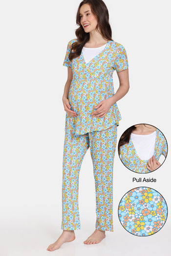 Miyanuby 3 Pieces Maternity Nursing Pajamas Set Short Sleeve Breastfeeding  Shirts with Built in Bra, Pregnancy Shorts & Pants 3 Piece Nursing