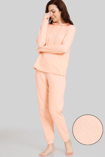 Zivame Waffle Knit Cotton Loungewear Set - Peach Parfait