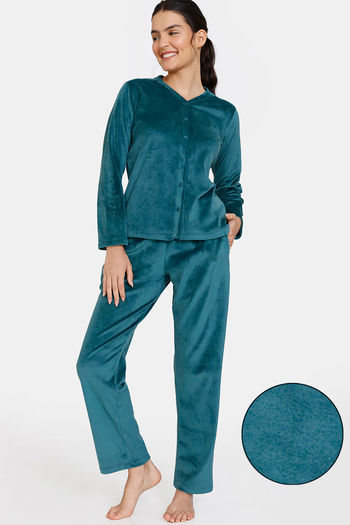 Buy Zivame Velour Knit Poly Pyjama Set - Dark Sea