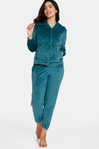 Buy Zivame Velour Knit Poly Hoodie Sweatshirt - Dark Sea at Rs.1042 online  | Nightwear online