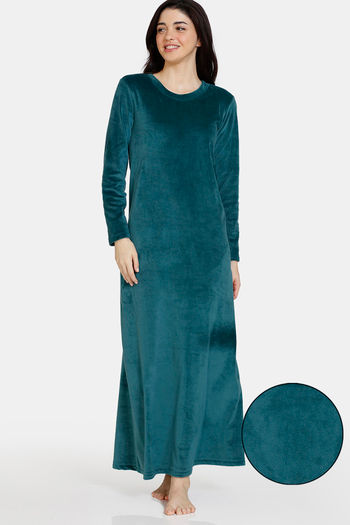 Buy Zivame Velour Knit Poly Full Length Nightdress - Dark Sea
