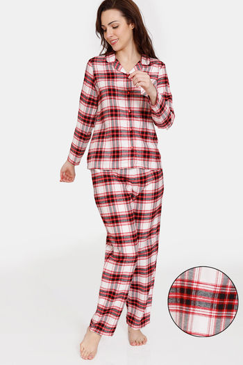 Zivame Flannel Woven Pyjama Set Salsa