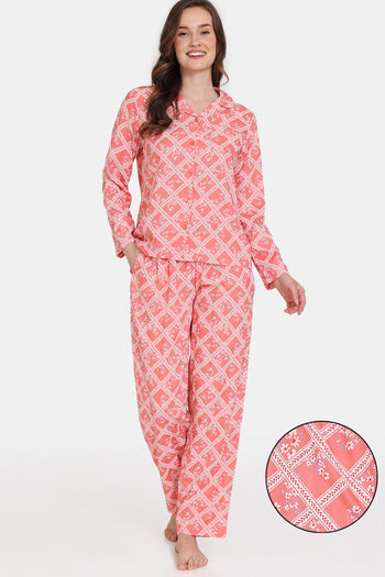 Zivame Bloom Hive Woven Pyjama Set - Lantana