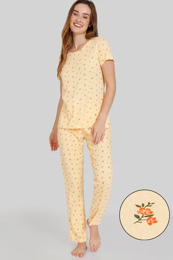 Buy Zivame Ditsy Florals Knit Cotton Pyjama Set - Buff
