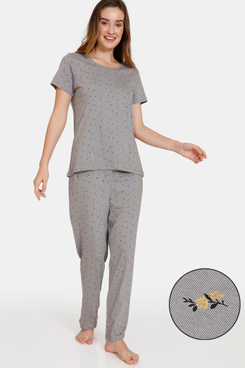 Buy Zivame Ditsy Florals Knit Cotton Pyjama Set - Mockingbird
