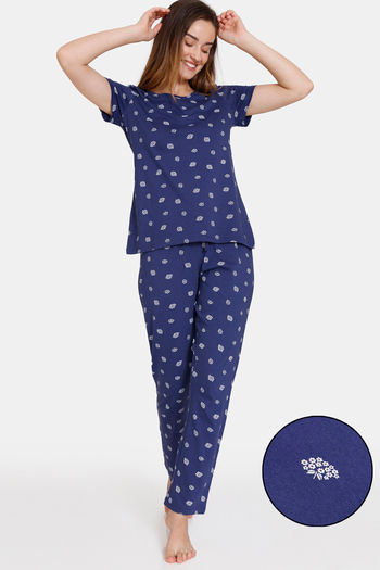 Buy Zivame Ditsy Florals Knit Cotton Pyjama Set - Medieval Blue