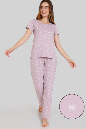 Buy Zivame Ditsy Florals Knit Cotton Pyjama Set - Sea Fog