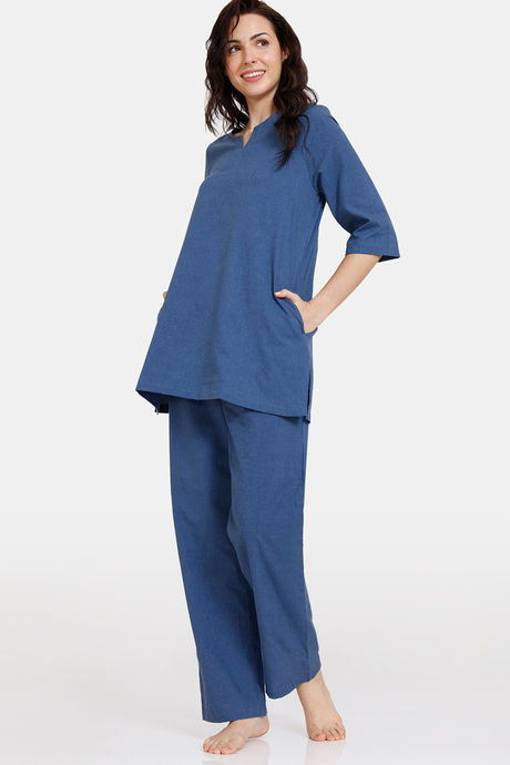 Zivame Charkha Woven Pyjama Set - Sailor Blue