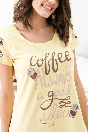 Buy Zivame Coffee Times Knit Cotton Mid Length Nightdress - Yellow N Print  at Rs.895 online