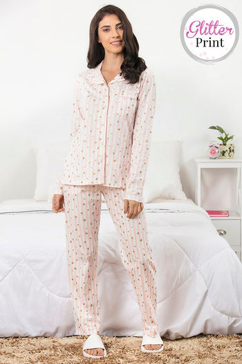 Zivame Happy Go Sleepy Knit Cotton Pyjama Set Pink N Print