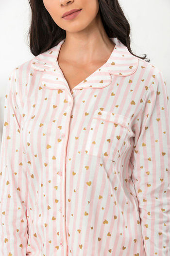 Zivame Happy-Go-Sleepy Knit Cotton Pyjama Set - Pink N Print