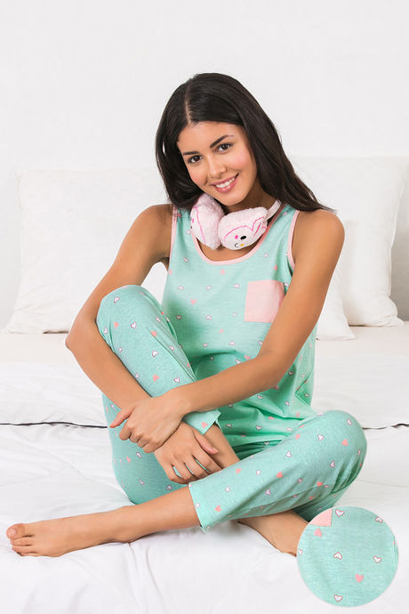 Zivame Happy-Go-Sleepy Knit Cotton Pyjama Set - Green N Print