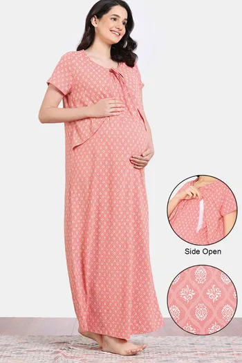 Buy Zivame Maternity Petal Dreams Knit Cotton Full Length Nightdress - Emberglow