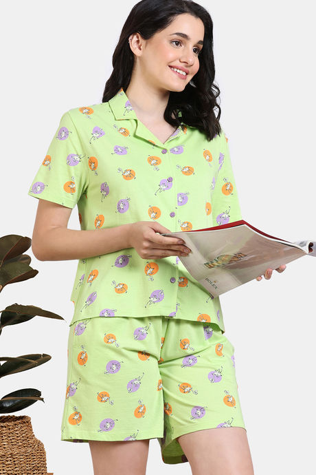 Zivame Sunset Disco Knit Cotton Shorts Set Daiquiri Green