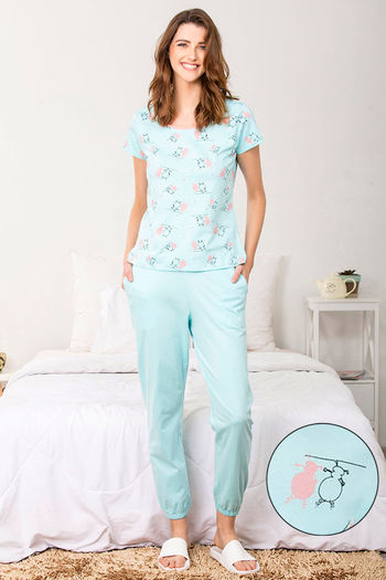 Zivame Crazy Farm Cotton Pyjama Set- Blue N Print