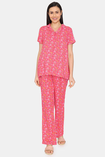 Zivame Maternity Floral Pop Woven Pyjama Set - Coral Paradise