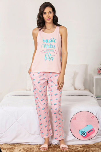 Buy Zivame Retro Gadget Knit Cotton Pyjama Set- Pink N Print