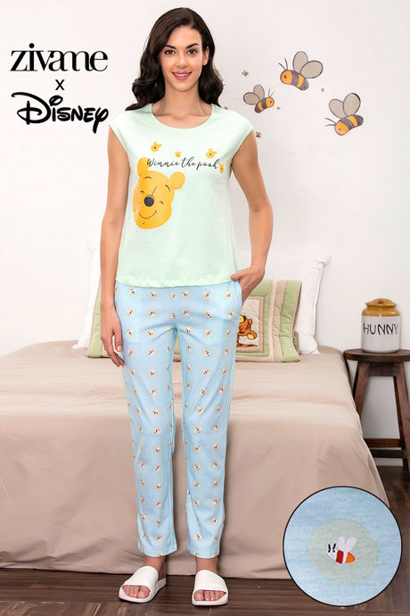 Zivame x Disney Winnie The Pooh Knit Cotton Pyjama Set -Blue N Print