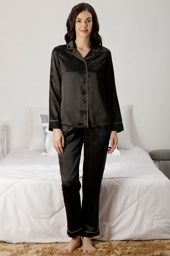 Ladies black satin discount pyjamas