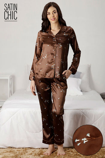 Buy Zivame Satin Chic Satin Pyjama Set - Brown at Rs.1895 online