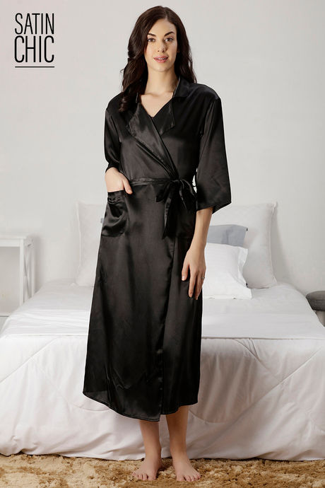 Black Satin Lace Trim Dressing Gown | Lingerie | George at ASDA