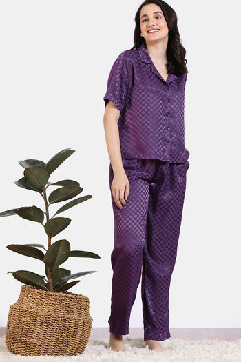 Buy Zivame Checkered Sheen Woven Pyjama Set - Wineberry