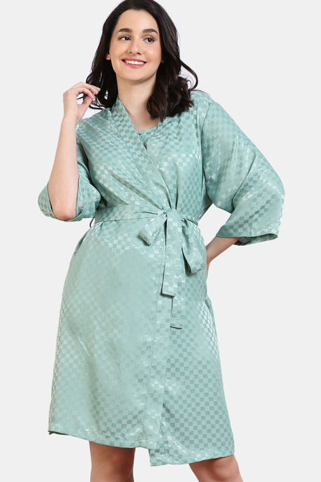 Zivame Checkered Sheen Woven Robe - Granite Green