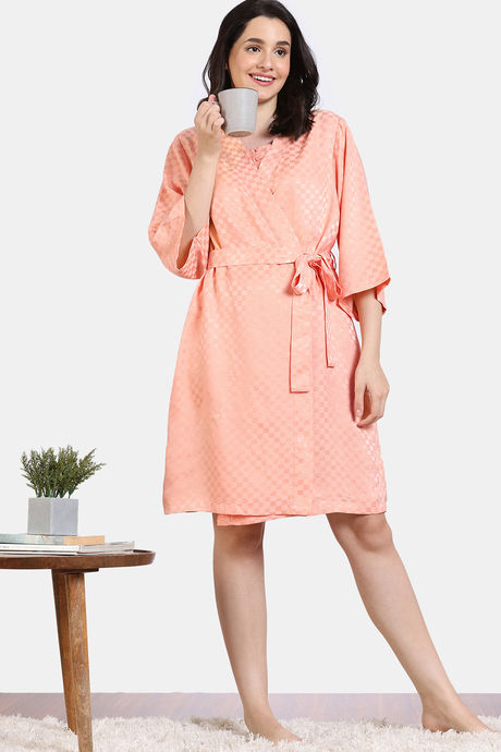 Zivame Checkered Sheen Woven Robe - Pink Sand