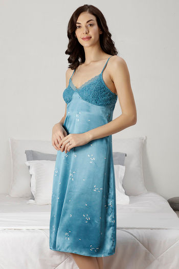 Buy Zivame Satin Chic Satin Knee Length Nightdress Teal at Rs