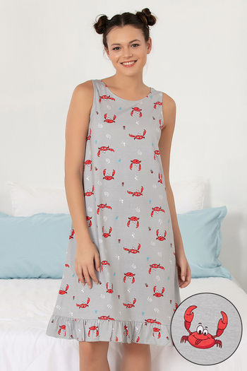 Buy Zivame Sea Life Knit Cotton Knee Length Nightdress - Grey