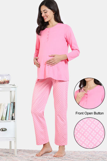 Buy Zivame Maternity Desi Drama Knit Cotton Pyjama Set - Peony