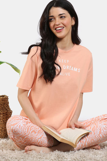 Buy Zivame Serene Pastle Knit Cotton Pyjama Set - Sunburst