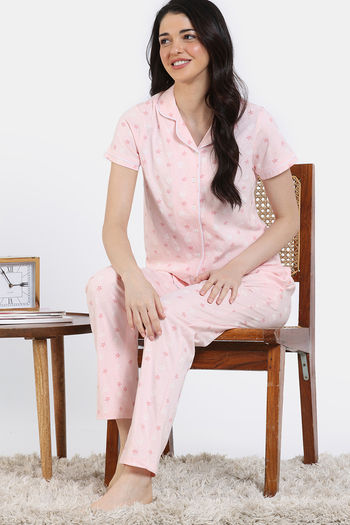 Zivame Joyful Jingles Knit Cotton Pyjama Set Pink Dogwood