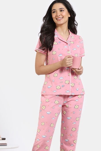 Zivame Joyful Jingles Knit Cotton Pyjama Set - Quartz Pink