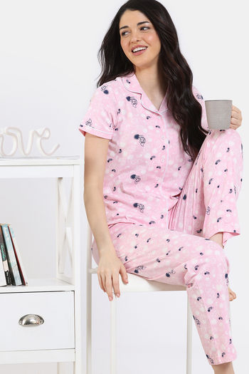 Zivame Joyful Jingles Knit Cotton Pyjama Set - Rose Shadow