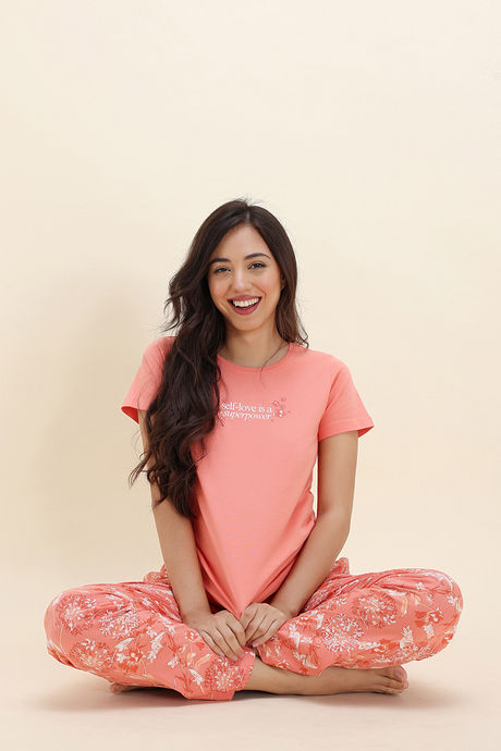 Zivame Floral Hush Knit Cotton Pyjama Set - Burnt Coral