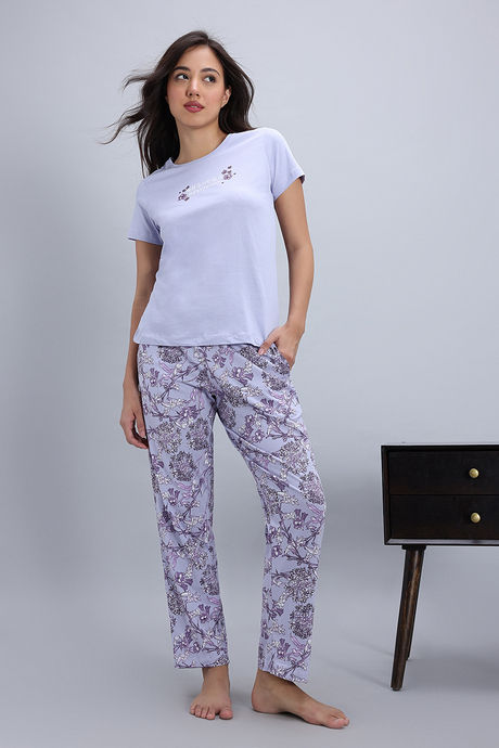 Zivame Floral Hush Knit Cotton Pyjama Set - Heirloom Lilac
