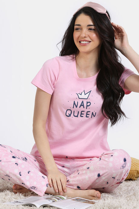 Zivame Joyful Jingles Knit Cotton Pyjama Set - Rose Shadow
