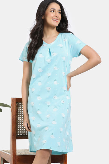 Buy Zivame Summer Pop Knit Cotton Knee Length Nightdress - ClearWater