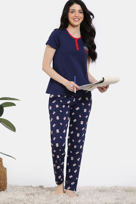 Zivame Joyful Jingles Knit Cotton Pyjama Set - Medieval Blue