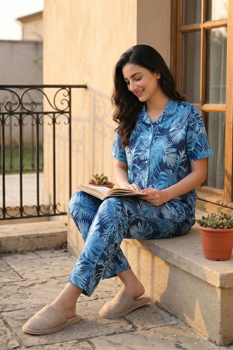 Zivame Indigo Wild Knit Poly Pyjama Set - Moonlight Ocean